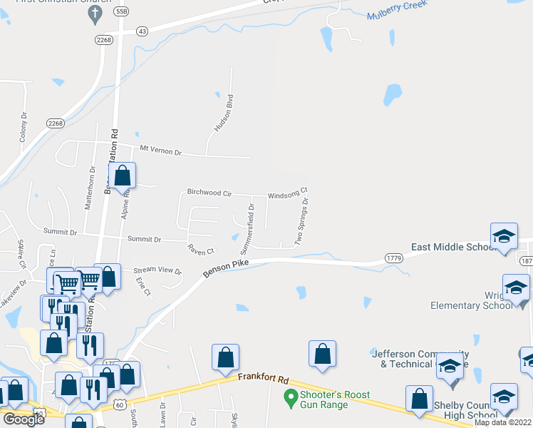 map of restaurants, bars, coffee shops, grocery stores, and more near Spring Leaf Court in Shelbyville