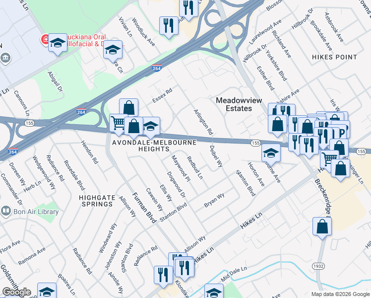 map of restaurants, bars, coffee shops, grocery stores, and more near 3111 Redbud Lane in Louisville