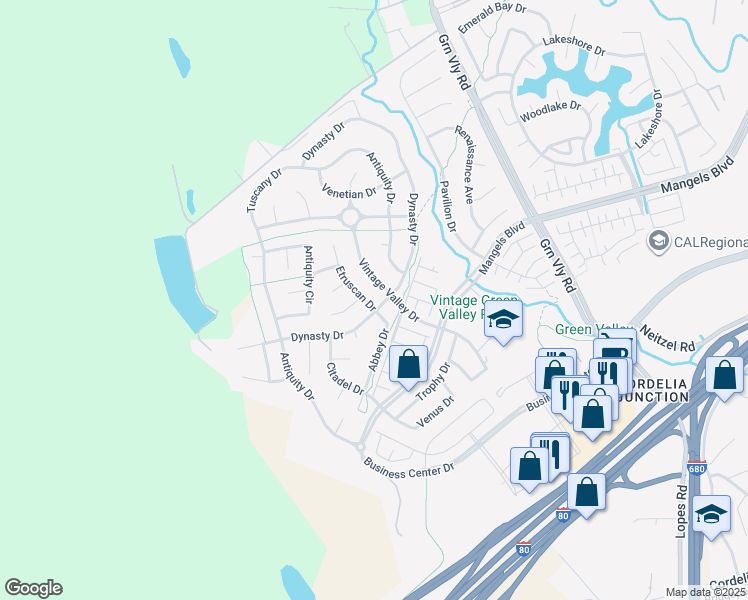 map of restaurants, bars, coffee shops, grocery stores, and more near 629 Vintage Valley Drive in Fairfield