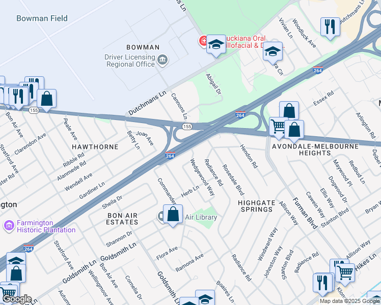 map of restaurants, bars, coffee shops, grocery stores, and more near 3524 Brockton Lane in Louisville