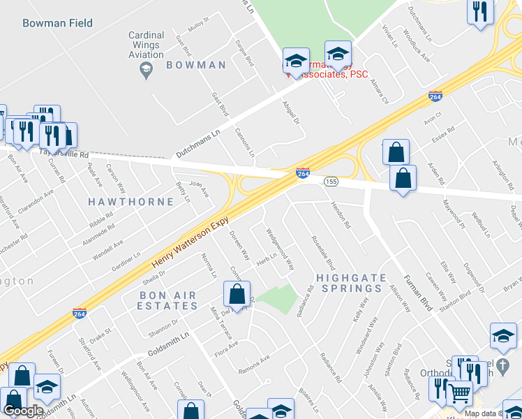 map of restaurants, bars, coffee shops, grocery stores, and more near 3524 Brockton Lane in Louisville