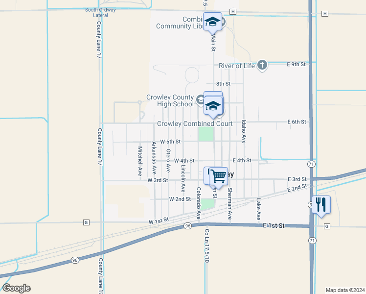 map of restaurants, bars, coffee shops, grocery stores, and more near 426 Lincoln Avenue in Ordway