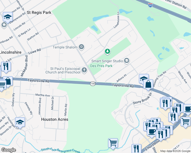 map of restaurants, bars, coffee shops, grocery stores, and more near 3 Sterling Road in Louisville