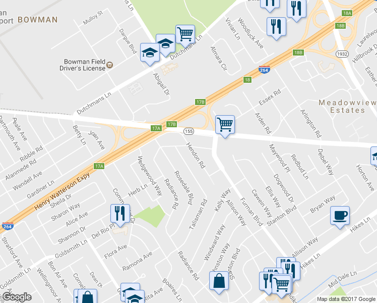map of restaurants, bars, coffee shops, grocery stores, and more near 3012 Hendon Road in Louisville