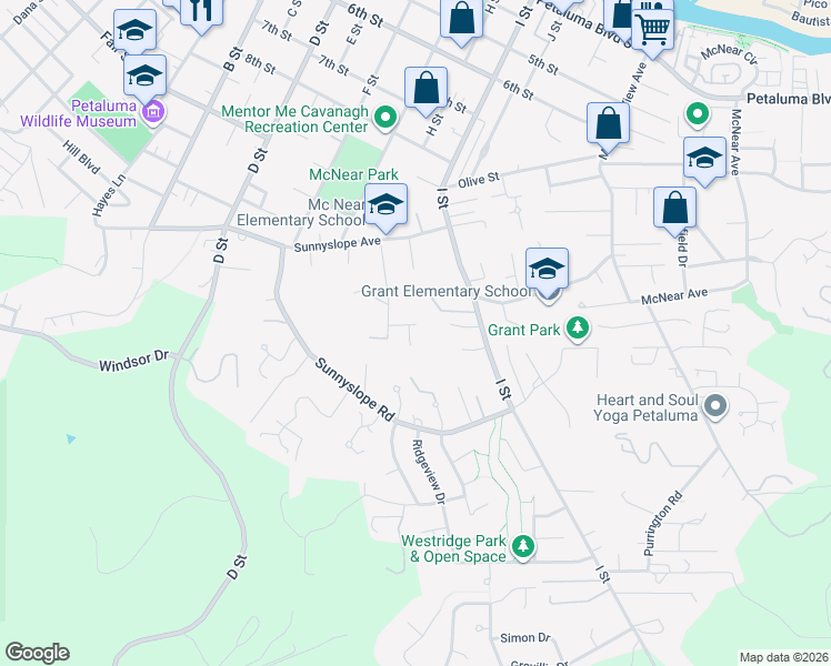 map of restaurants, bars, coffee shops, grocery stores, and more near 10 Highland Road in Petaluma