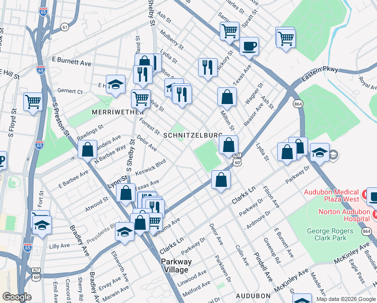 map of restaurants, bars, coffee shops, grocery stores, and more near 1533 Wagner Street in Louisville