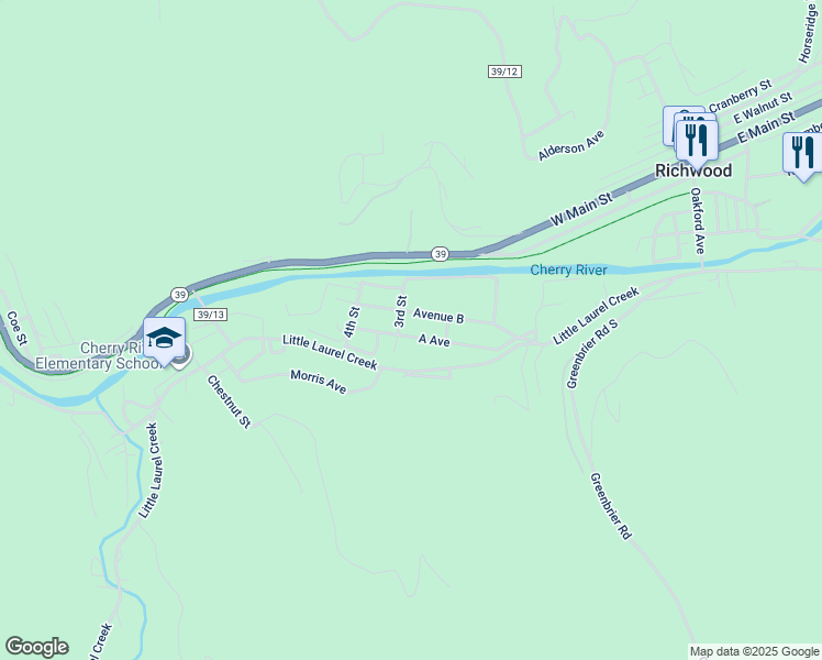 map of restaurants, bars, coffee shops, grocery stores, and more near 50 Avenue A in Richwood