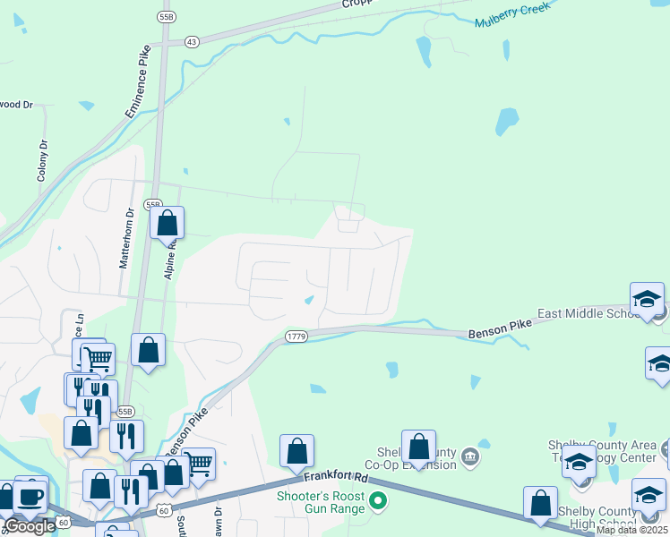 map of restaurants, bars, coffee shops, grocery stores, and more near 1048 Summersfield Drive in Shelbyville