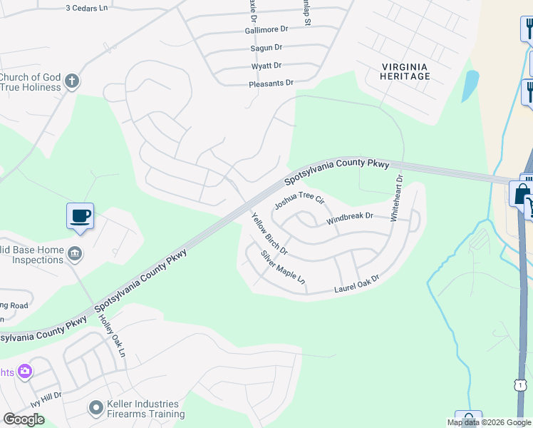 map of restaurants, bars, coffee shops, grocery stores, and more near 5416 Joshua Tree Circle in Fredericksburg