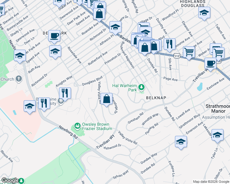 map of restaurants, bars, coffee shops, grocery stores, and more near 2307 Carlton Terrace in Louisville