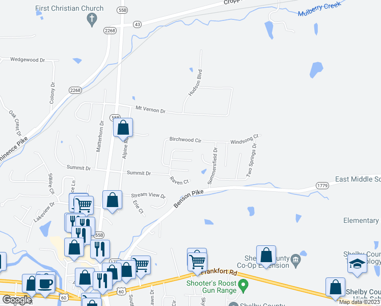 map of restaurants, bars, coffee shops, grocery stores, and more near 230 Rosewood Lane in Shelbyville