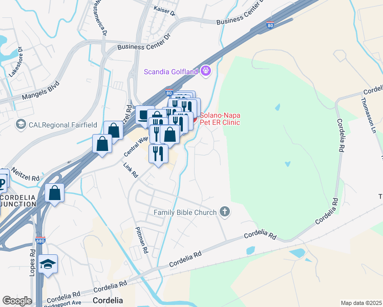 map of restaurants, bars, coffee shops, grocery stores, and more near 427 Mountain Meadows Drive in Fairfield