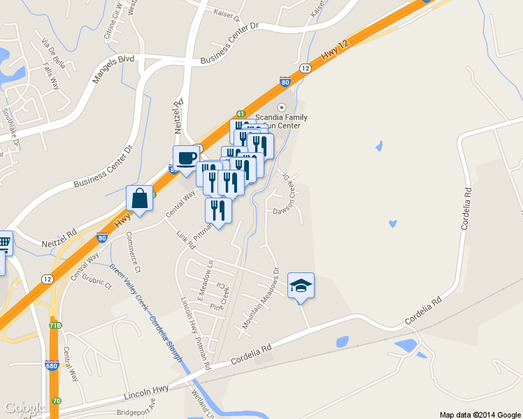 map of restaurants, bars, coffee shops, grocery stores, and more near 427 Mountain Meadows Drive in Fairfield