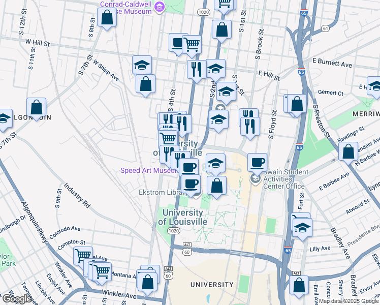 map of restaurants, bars, coffee shops, grocery stores, and more near 1911 South 3rd Street in Louisville