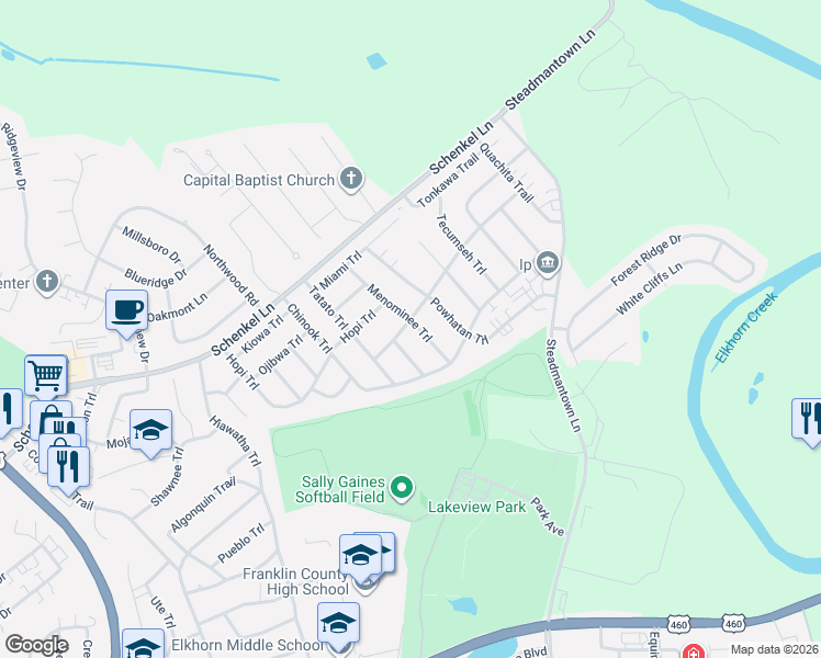 map of restaurants, bars, coffee shops, grocery stores, and more near 433 Menominee Trail in Frankfort