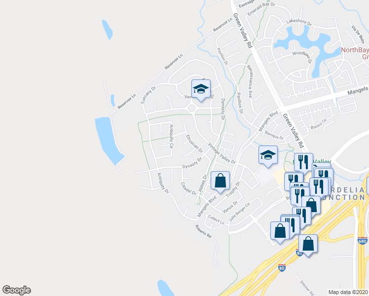 map of restaurants, bars, coffee shops, grocery stores, and more near 613 Gallery Court in Fairfield