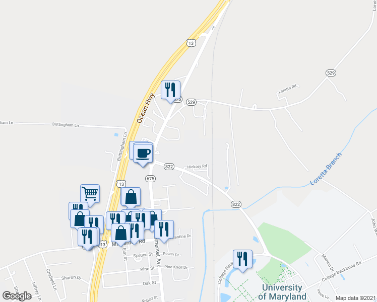 map of restaurants, bars, coffee shops, grocery stores, and more near 30504 Hickory Road in Princess Anne