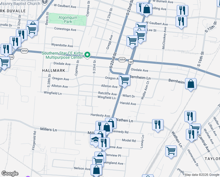 map of restaurants, bars, coffee shops, grocery stores, and more near 1820 Allston Avenue in Louisville