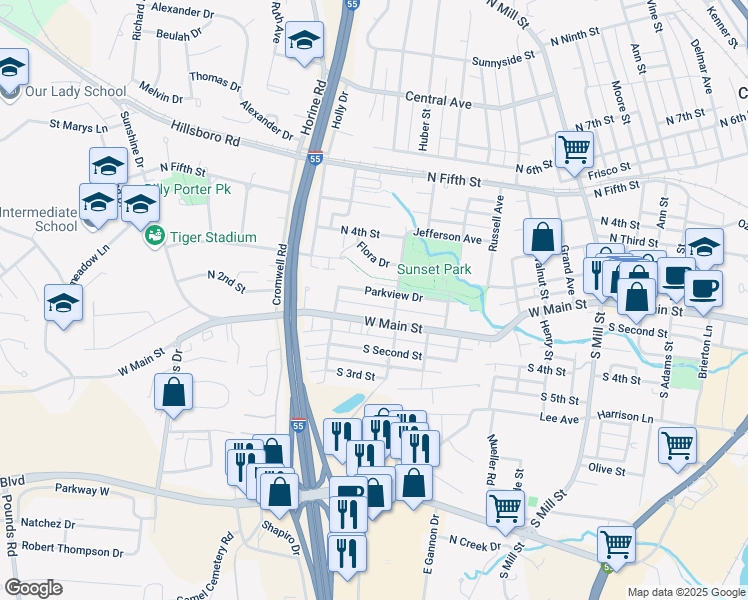 map of restaurants, bars, coffee shops, grocery stores, and more near 928 Parkview Drive in Festus