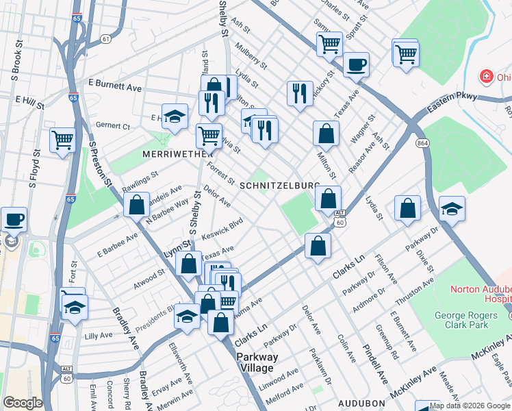 map of restaurants, bars, coffee shops, grocery stores, and more near 1128 Forrest Street in Louisville