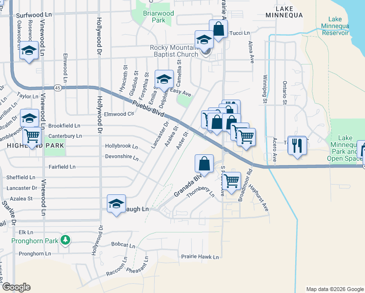map of restaurants, bars, coffee shops, grocery stores, and more near 2870-2880 Aster Street in Pueblo