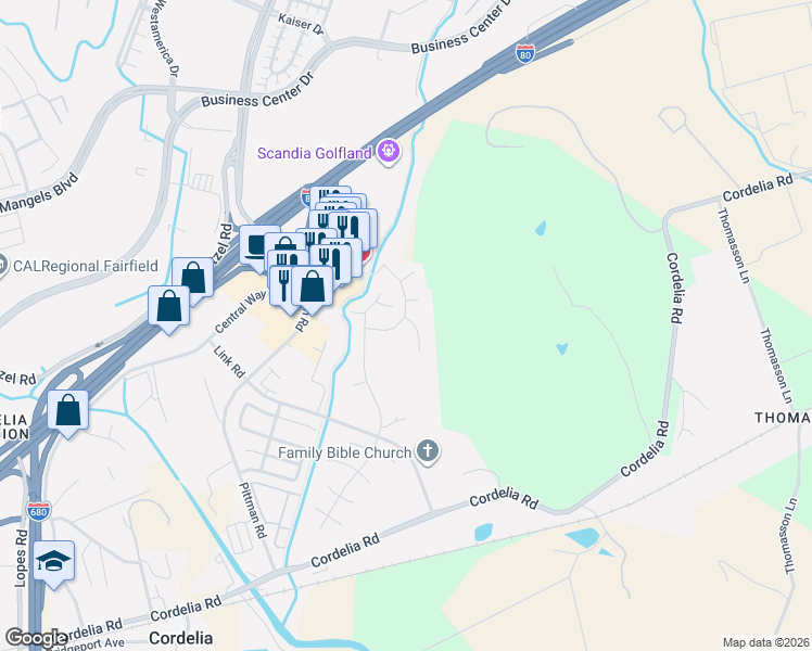 map of restaurants, bars, coffee shops, grocery stores, and more near 4062 Sierra Court in Fairfield