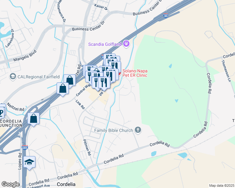 map of restaurants, bars, coffee shops, grocery stores, and more near 427 Mountain Meadows Drive in Fairfield