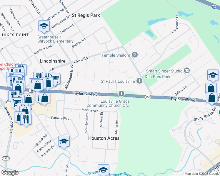 map of restaurants, bars, coffee shops, grocery stores, and more near 4303 Taylorsville Road in Louisville