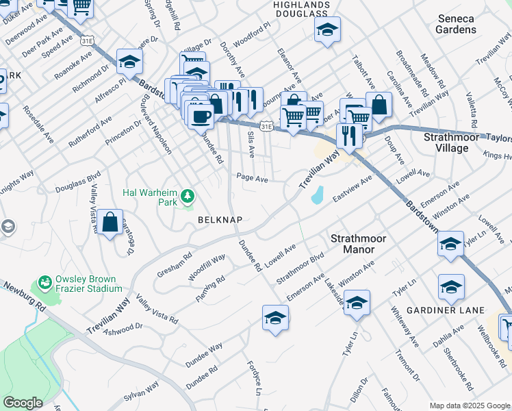map of restaurants, bars, coffee shops, grocery stores, and more near in Louisville