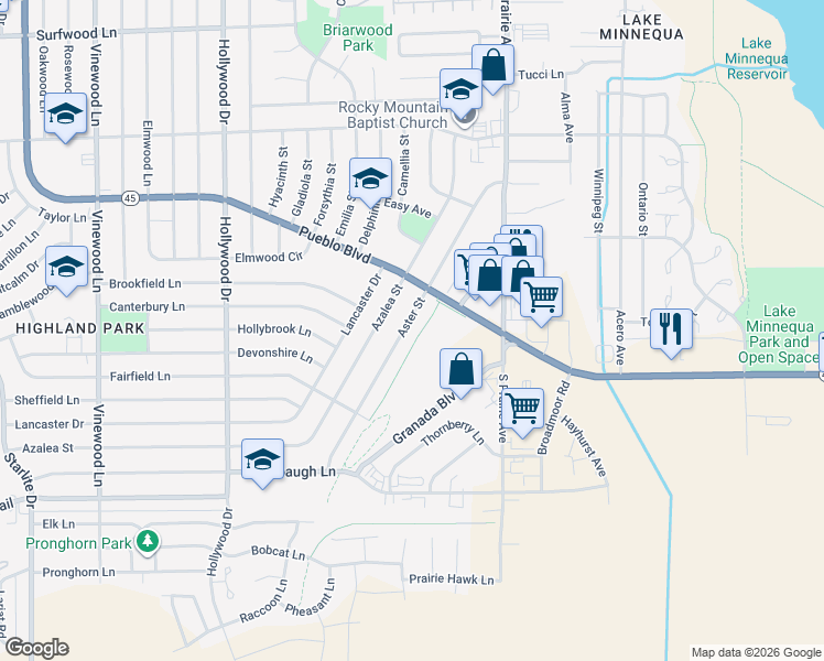 map of restaurants, bars, coffee shops, grocery stores, and more near 2870 Aster Street in Pueblo