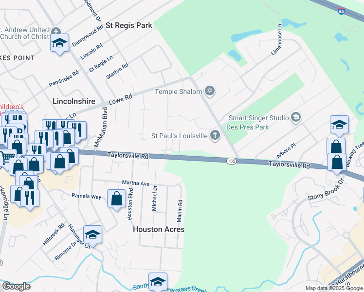 map of restaurants, bars, coffee shops, grocery stores, and more near 4303 Taylorsville Road in Louisville