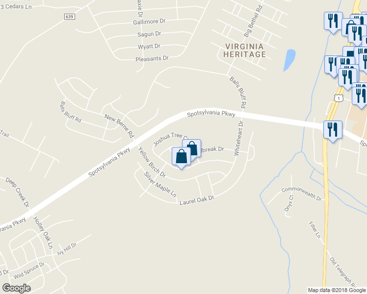 map of restaurants, bars, coffee shops, grocery stores, and more near 9707 Inkwood Drive in Fredericksburg