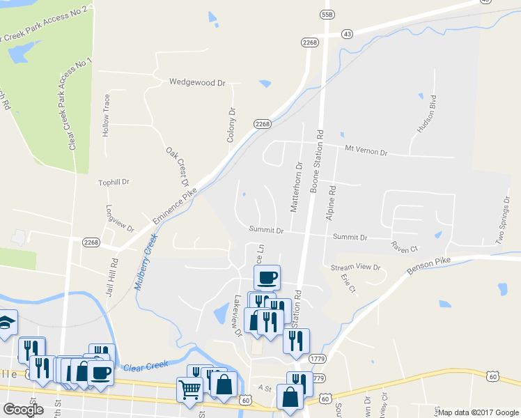map of restaurants, bars, coffee shops, grocery stores, and more near 68 Nordic Court in Shelbyville