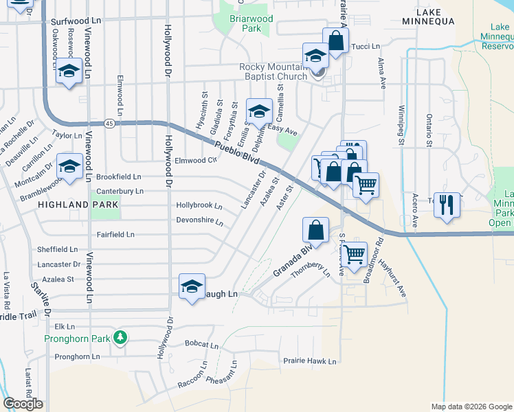 map of restaurants, bars, coffee shops, grocery stores, and more near 2905 Azalea Street in Pueblo
