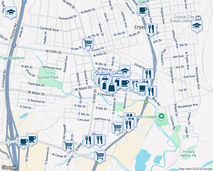 map of restaurants, bars, coffee shops, grocery stores, and more near 133 West Main Street in Festus
