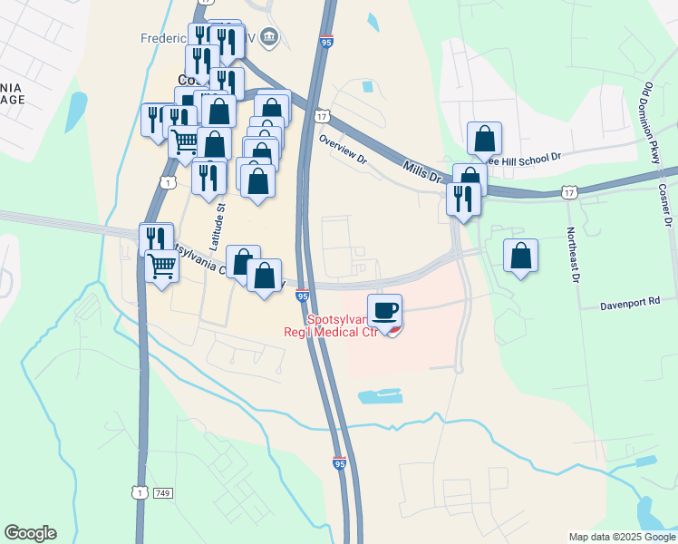 map of restaurants, bars, coffee shops, grocery stores, and more near 9500 Silver Collection Circle in Fredericksburg