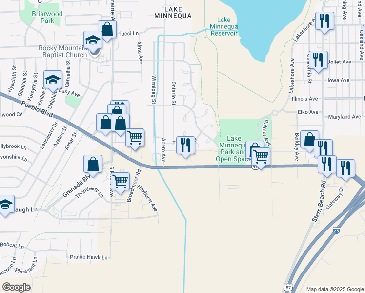 map of restaurants, bars, coffee shops, grocery stores, and more near 2112 Toronto Street in Pueblo