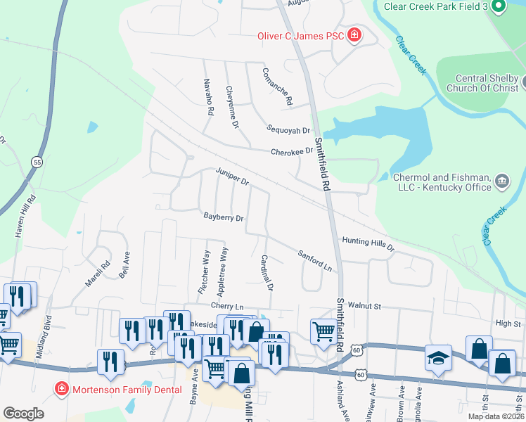 map of restaurants, bars, coffee shops, grocery stores, and more near 72 Juniper Drive in Shelbyville