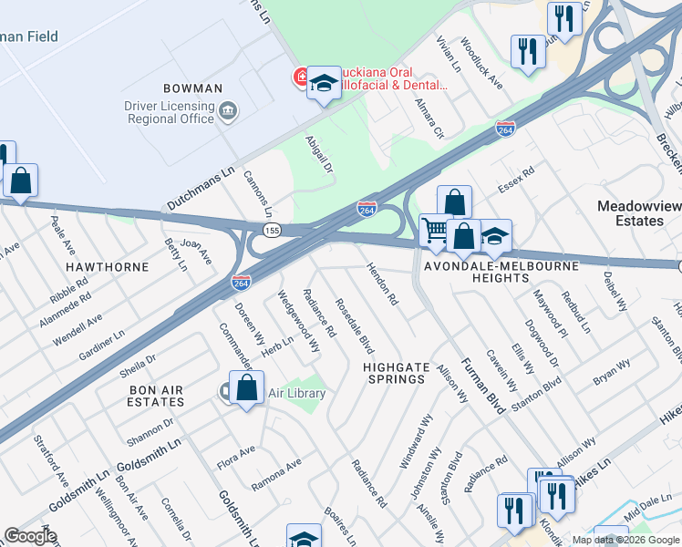 map of restaurants, bars, coffee shops, grocery stores, and more near 3000 Talisman Road in Louisville