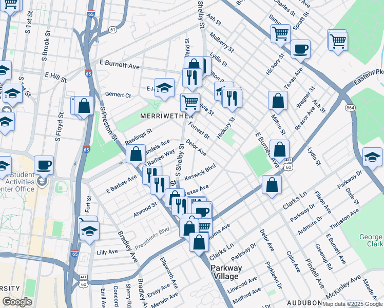 map of restaurants, bars, coffee shops, grocery stores, and more near 2010 Alexander Avenue in Louisville