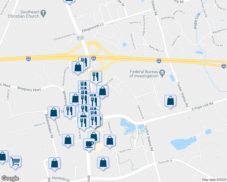map of restaurants, bars, coffee shops, grocery stores, and more near 12300 Alliant Court in Louisville