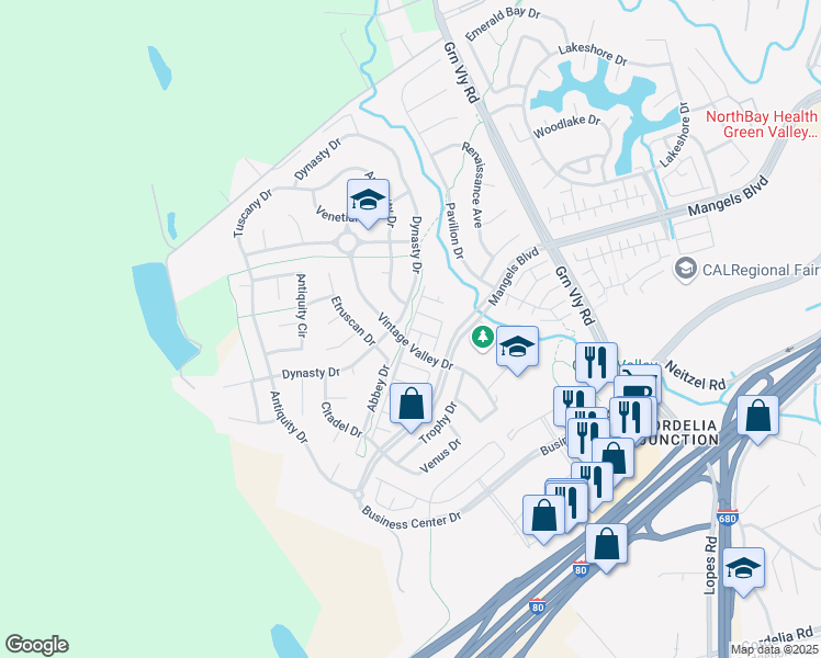 map of restaurants, bars, coffee shops, grocery stores, and more near Palladio Way & Novara Lane in Fairfield
