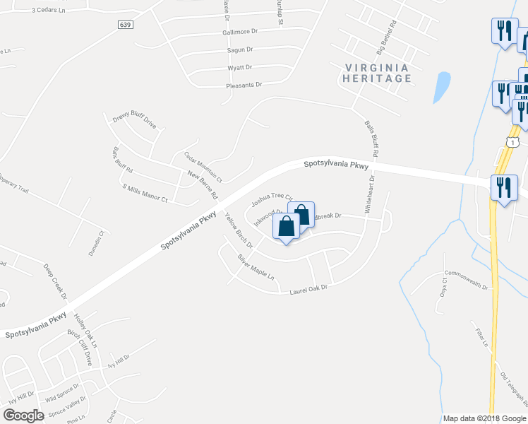 map of restaurants, bars, coffee shops, grocery stores, and more near 9725 Inkwood Drive in Fredericksburg