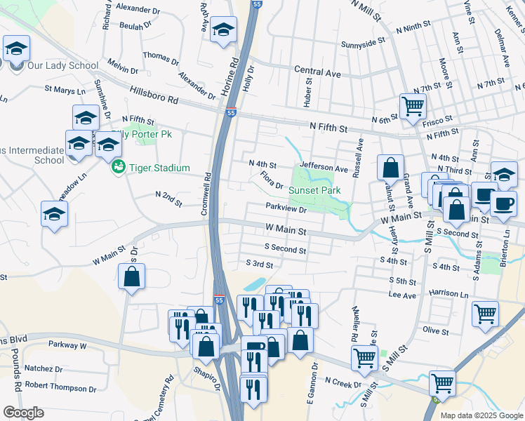 map of restaurants, bars, coffee shops, grocery stores, and more near 928 Parkview Drive in Festus