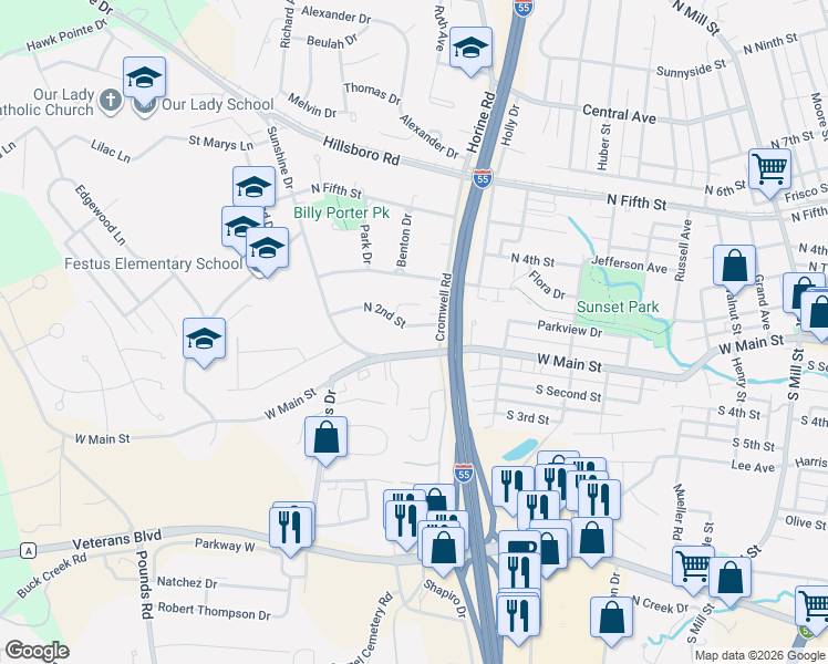 map of restaurants, bars, coffee shops, grocery stores, and more near 1110 North 2nd Street in Festus