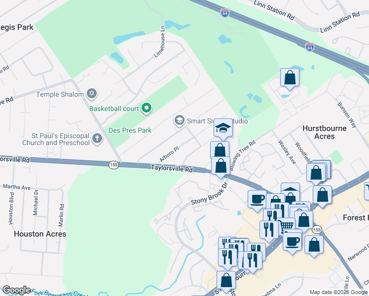 map of restaurants, bars, coffee shops, grocery stores, and more near 1915 Arboro Place in Louisville