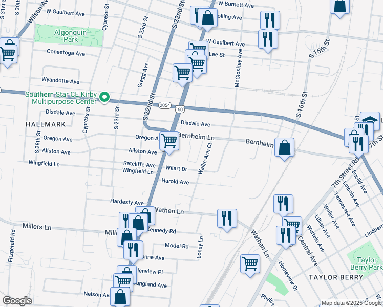 map of restaurants, bars, coffee shops, grocery stores, and more near 2118 Wallie Ann Court in Louisville