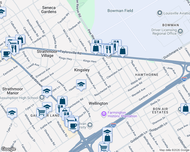 map of restaurants, bars, coffee shops, grocery stores, and more near 2420 Hawthorne Avenue in Louisville