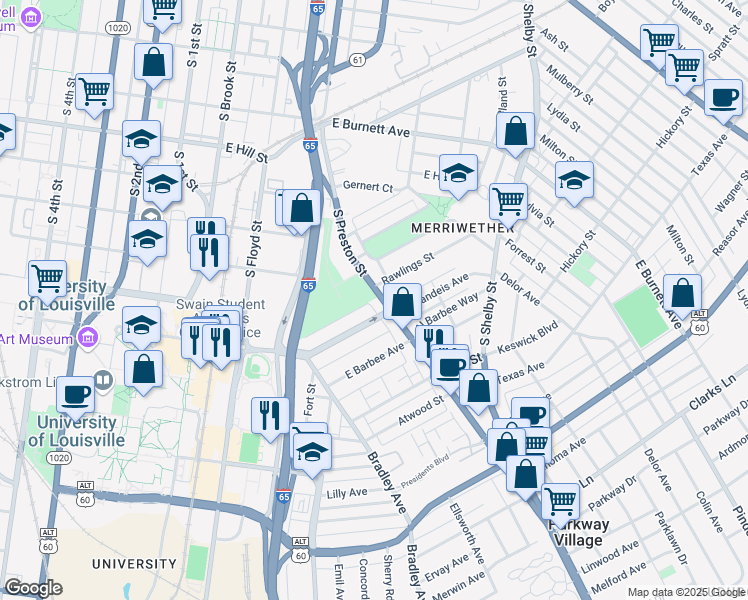 map of restaurants, bars, coffee shops, grocery stores, and more near 1910 South Preston Street in Louisville