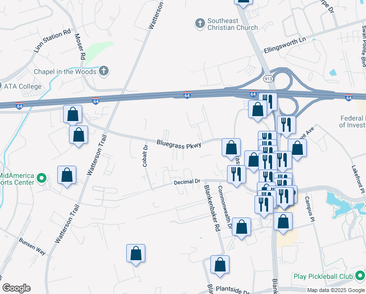 map of restaurants, bars, coffee shops, grocery stores, and more near 11220 Bluegrass Parkway in Jeffersontown